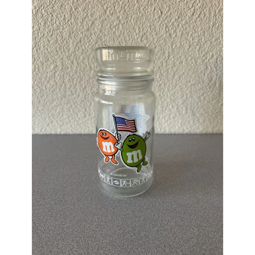 Vintage M&M’s 1984 Olympic Commemorative Glass Jar with Lid 8”